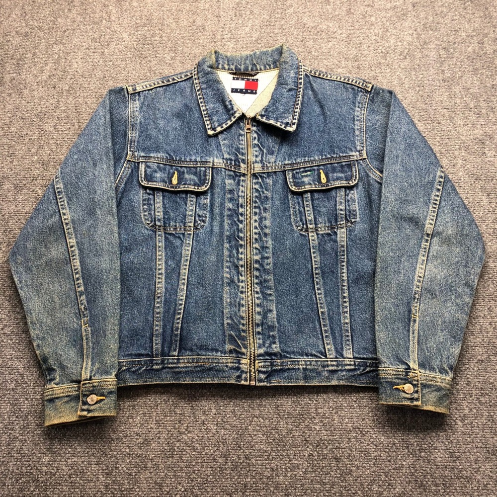 Tommy Hilfiger Vintage Tommy Jeans Denim Jacket Zip Up Blue Flag Logo Mens L
